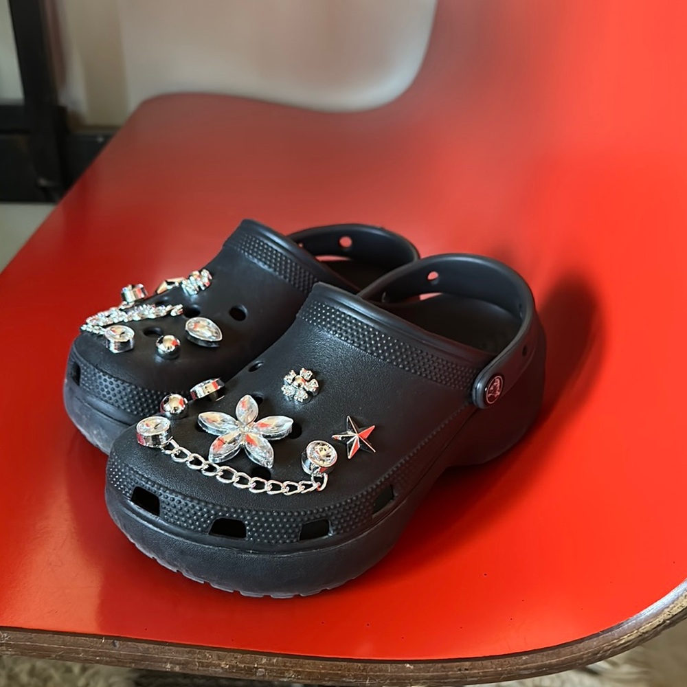 platform blinged out silver hardware crocs